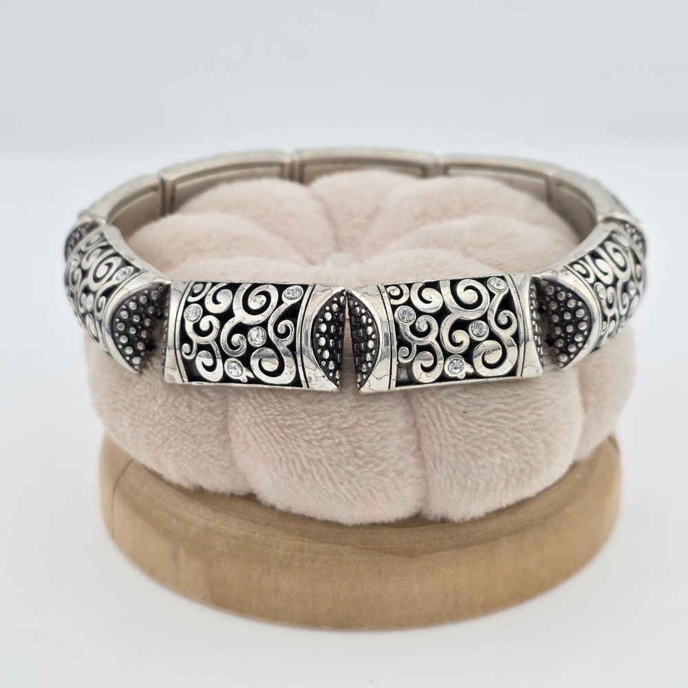 BRIGHTON Panel Bracelet Scrollwork Petite Crystals Stretchy Silver Plate 7.5"